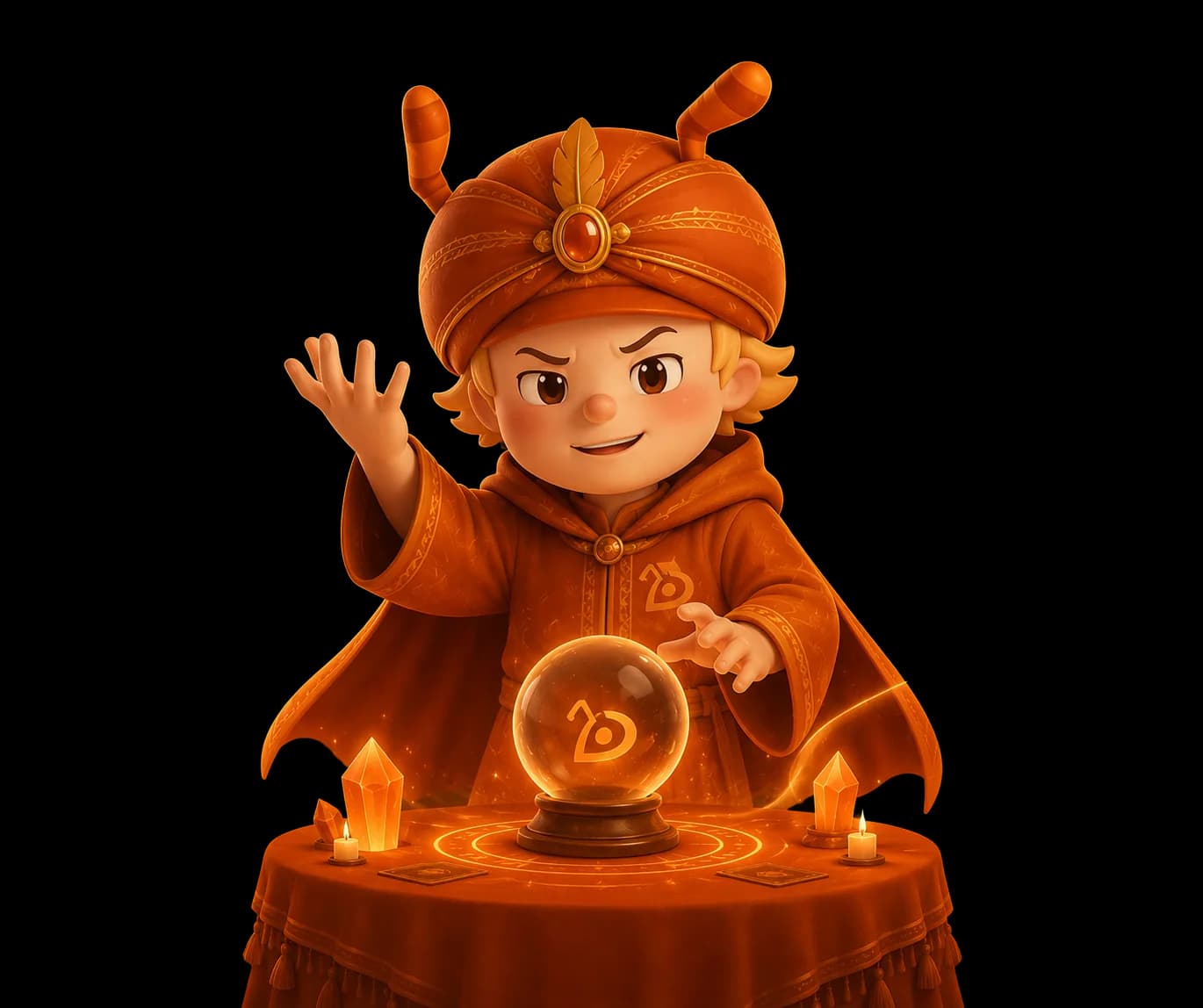 Zee, the Rundzee Oracle, reaching over a glowing crystal ball